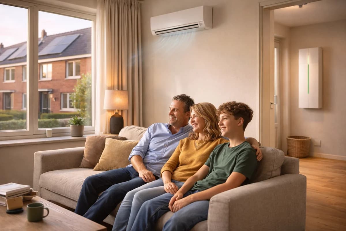 Gezin geniet van comfort in hun woonkamer met airco en thuisbatterij